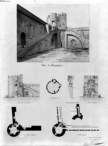 Remparts ; Tour des Bourguignons, Plan, coupe, élévation, remparts